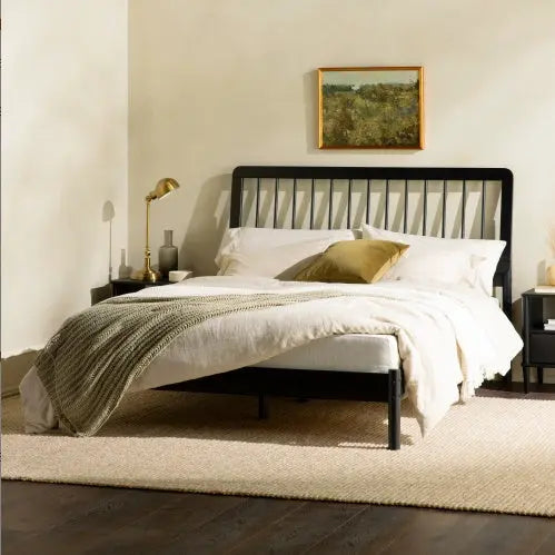 Mid-Century Modern Solid Wood Queen Spindle Bed Black My Store