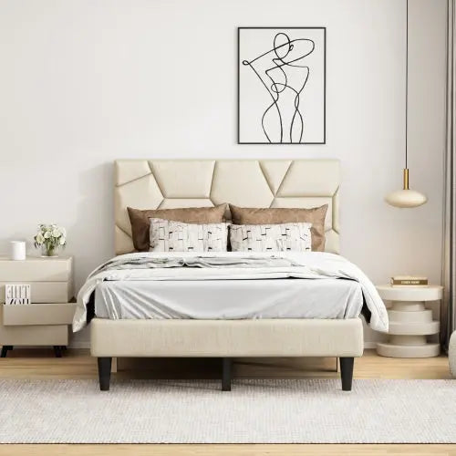 Queen Bed Frame, Linen Storage Headboard, Strong And Stable My Store