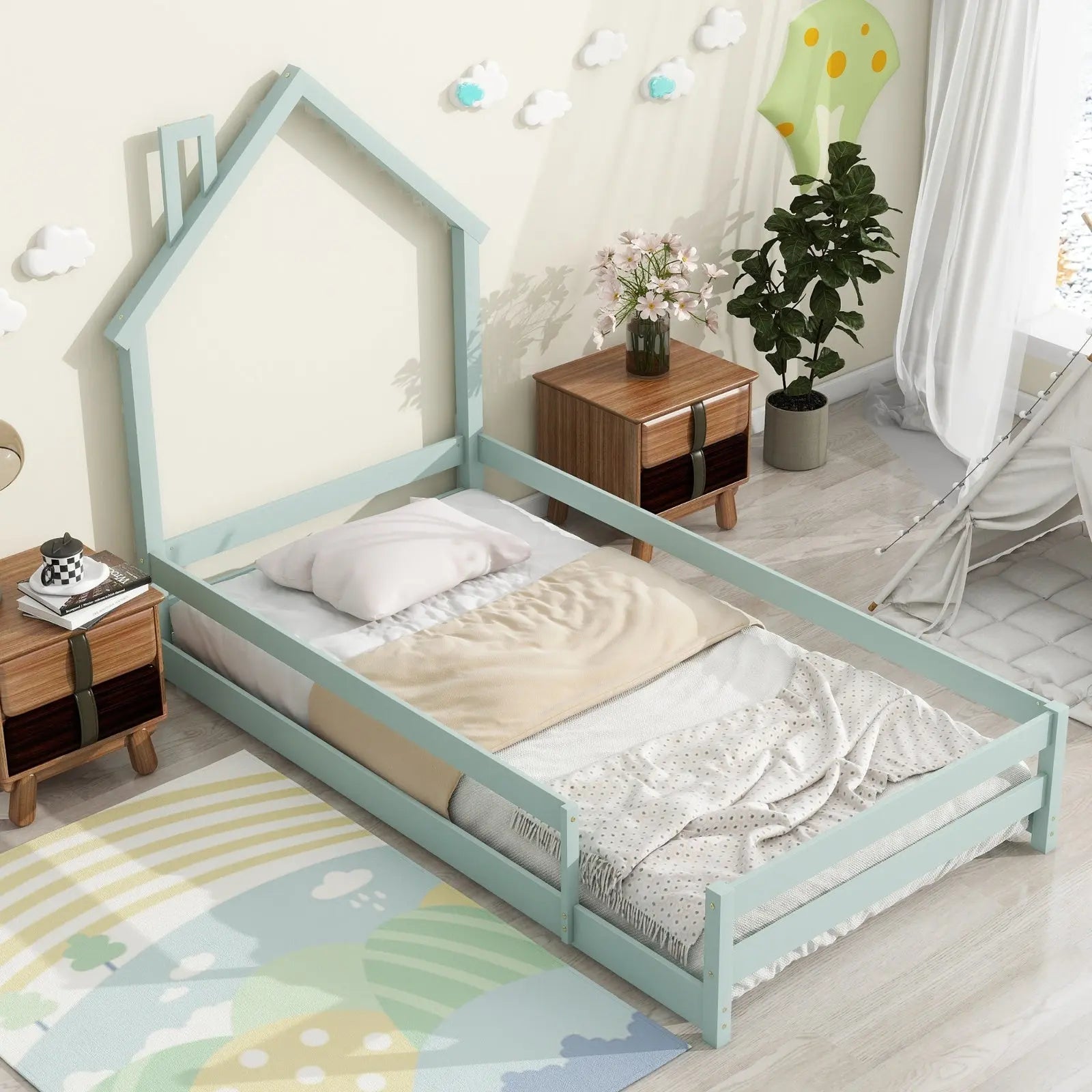 Twin Size Wood Bed With House-shaped Headboard Floor Bed With Fences,Light Green My Store