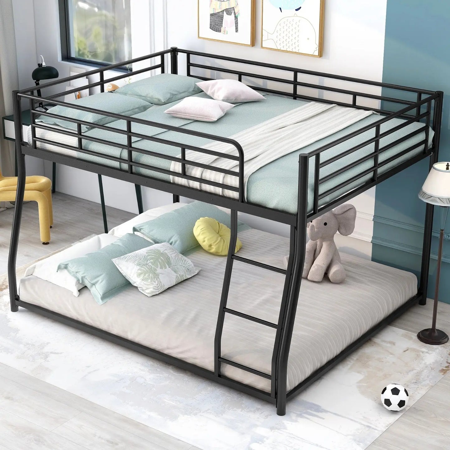Metal Floor Bunk Bed, Full XL Over Queen, Black My Store