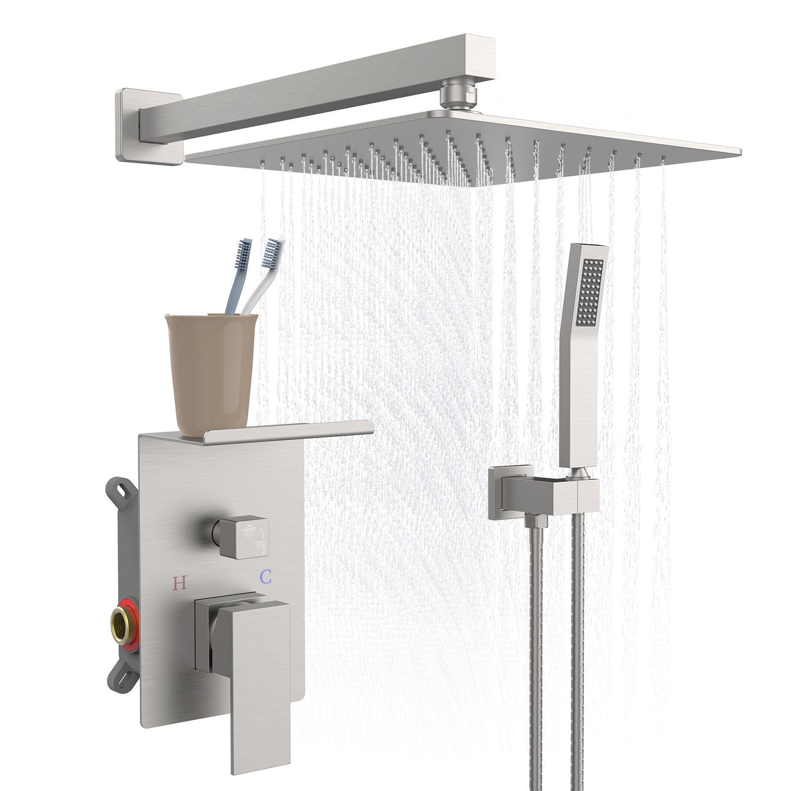 Rainfall Shower System With Storage Rack 10 Inch Shower Faucet Set Brushed Nickel With High Pressure Inkedjoy