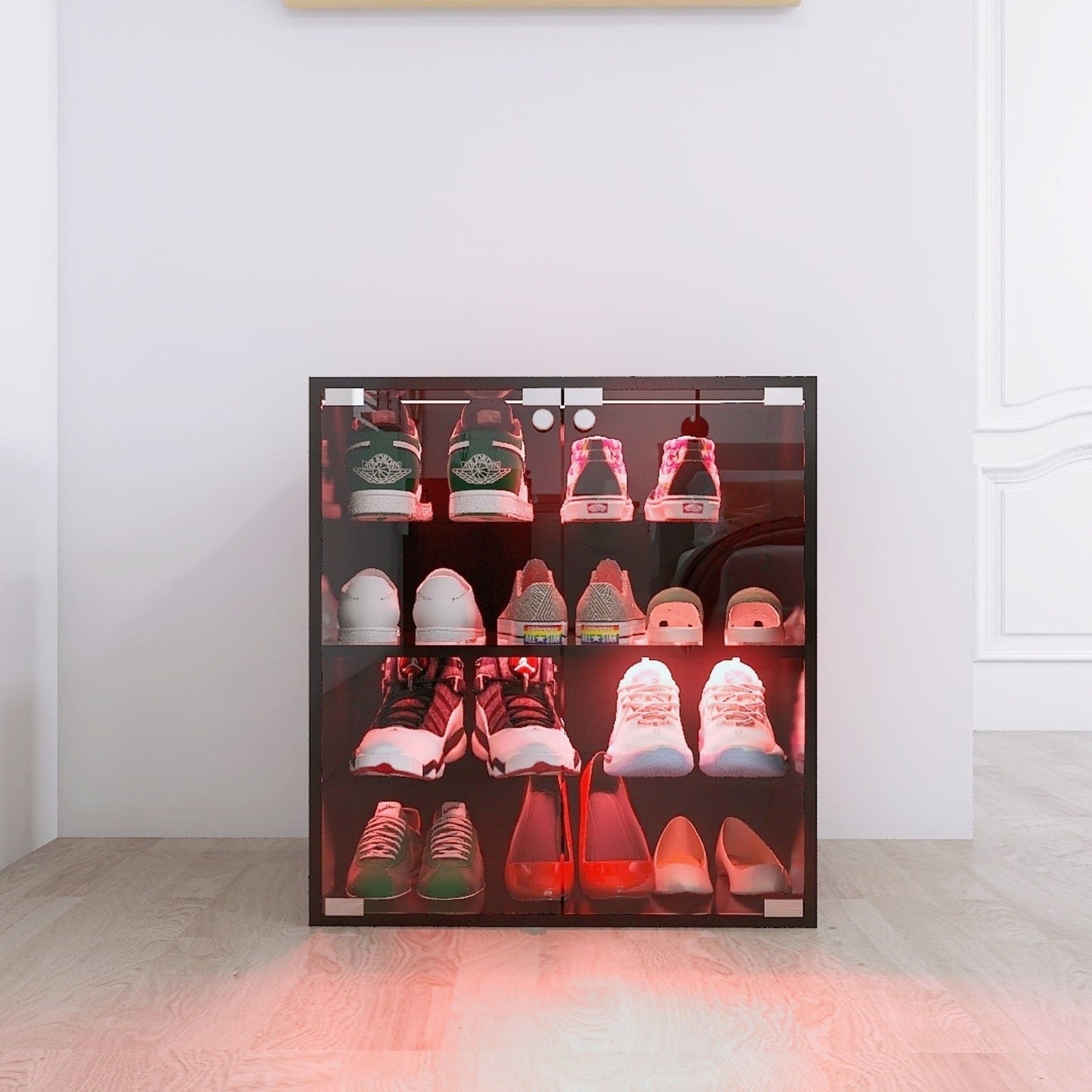 4-Layer Black Shoe Cabinet With Glass Door, LED Light Display Inkedjoy