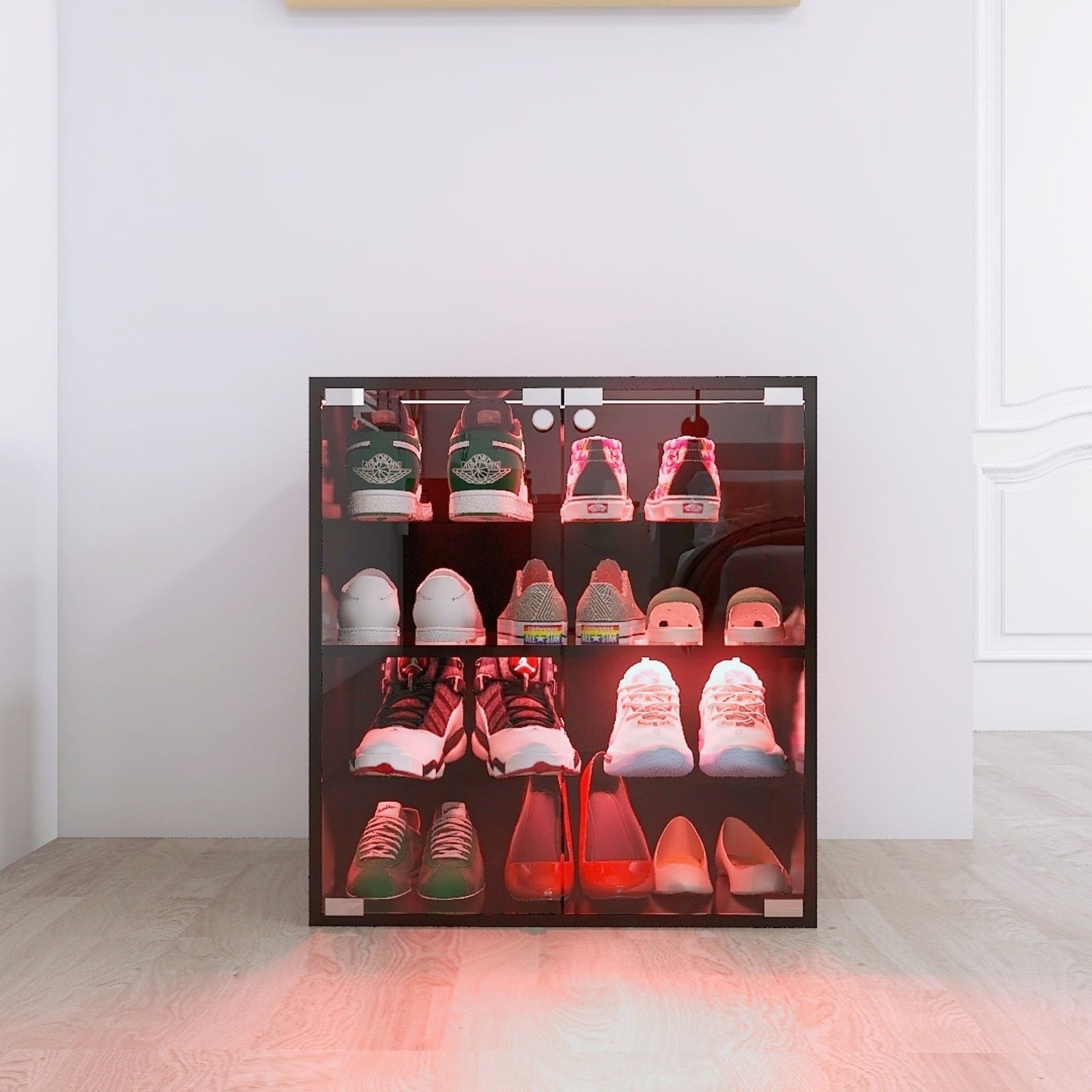 4-Layer Black Shoe Cabinet With Glass Door, LED Light Display Inkedjoy