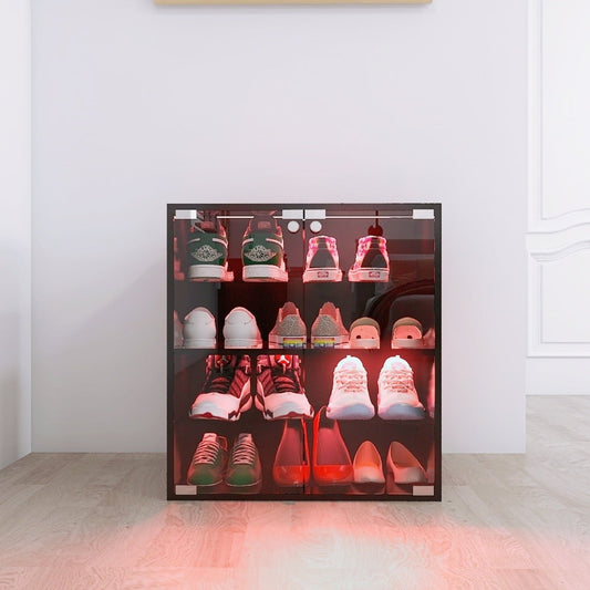 4-Layer Black Shoe Cabinet With Glass Door, LED Light Display Inkedjoy