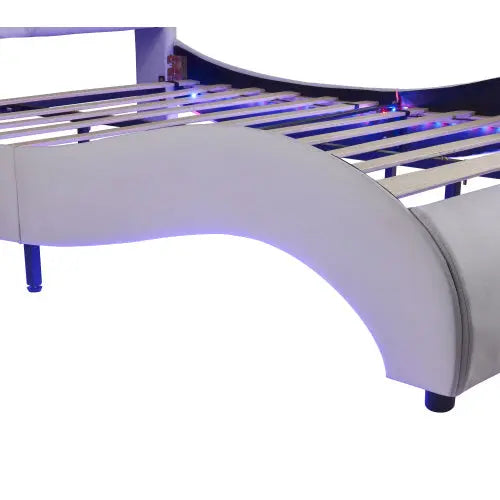 Queen Size Upholstered Faux Leather Platform Bed With LED Light Bed Frame With Slatted - White My Store