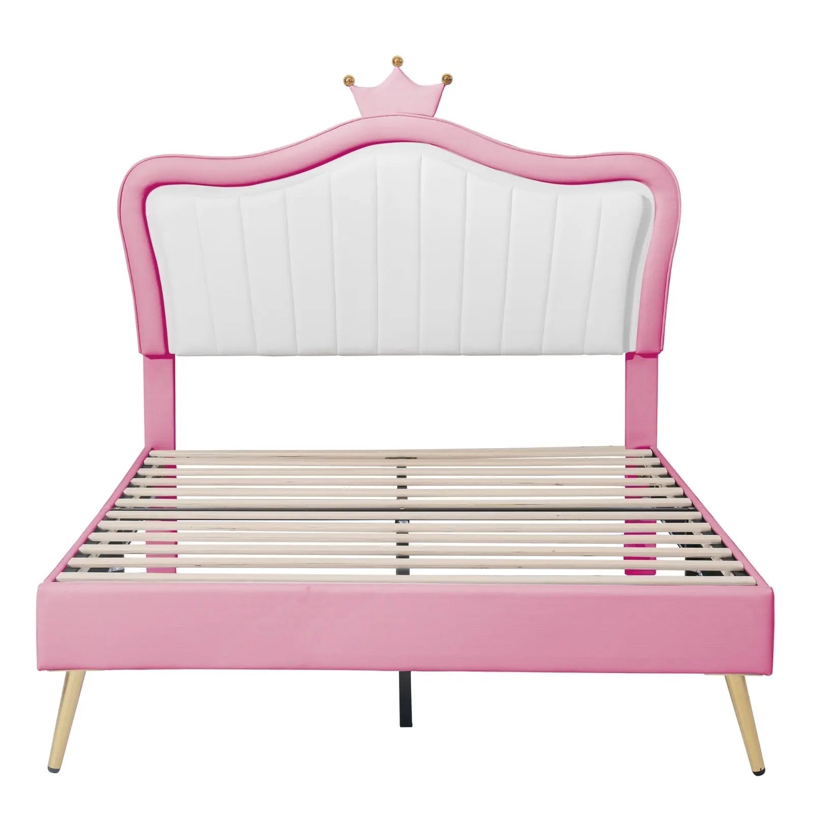 Full Size Upholstered Bed Frame With LED Lights & Crown Headboard My Store