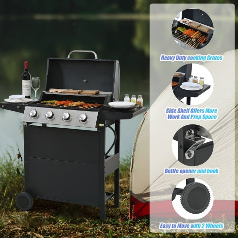 Propane Gas Grill 4 Burner Barbecue Grill With Two Shelves, Lid, Wheels And Bottle Opener Inkedjoy