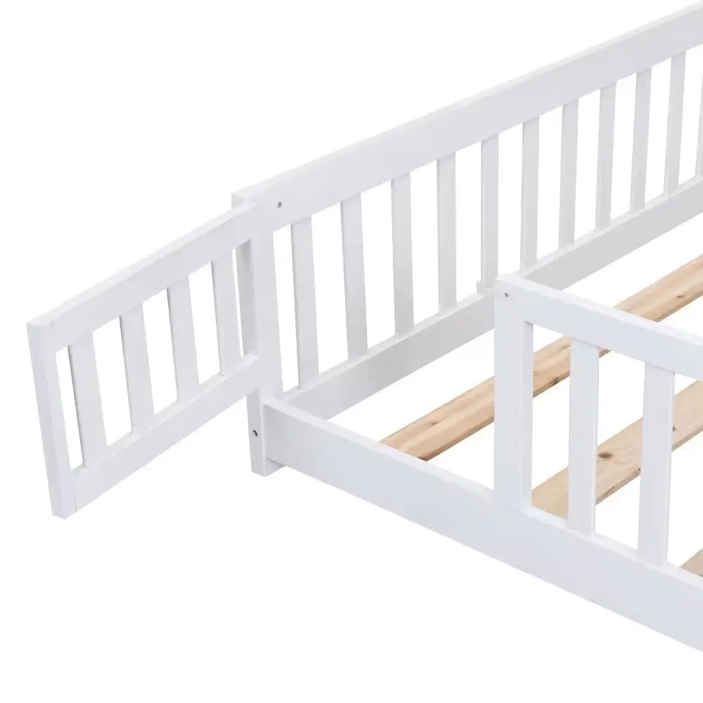 Twin Size Floor Bed With Door,Solid Wood Platform Bed Frame With Fence,Suitable For Children,Pine Wood, My Store