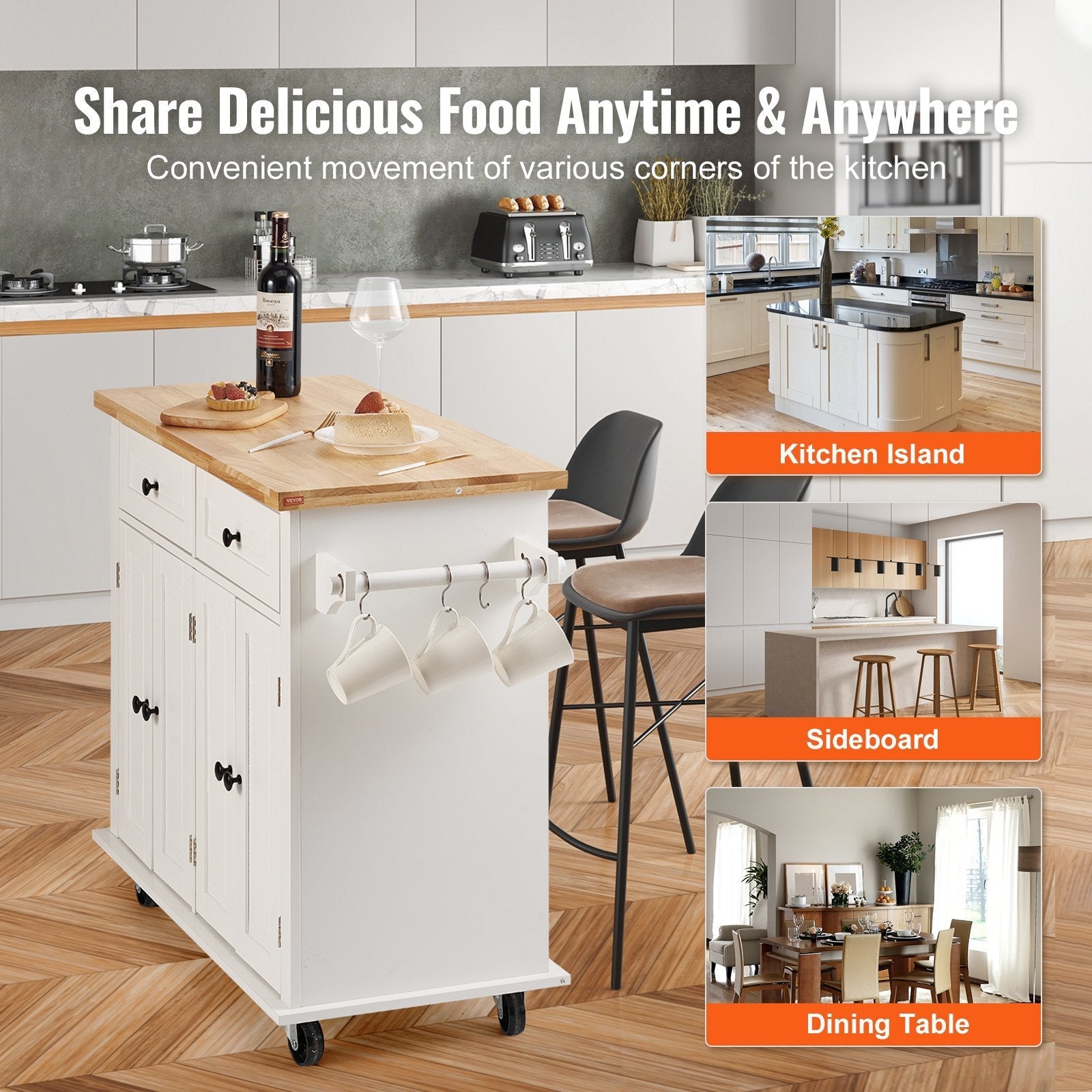 Kitchen Island Cart With Solid Wood On Wheels, White Inkedjoy