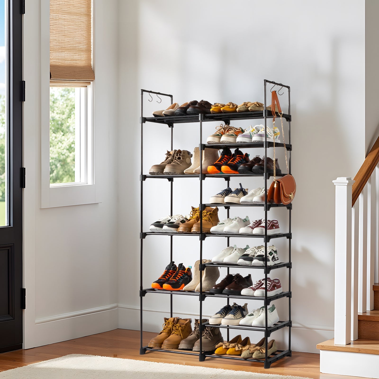 FCH Double Row 9-Layer Shoe Rack With Handles, 85.7x29.8x158cm Black Inkedjoy