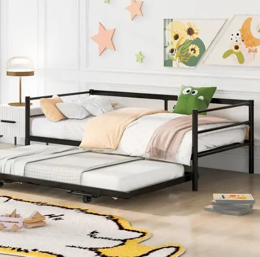 Double Metal Sofa Bed With Adjustable Wheels, Pop-up Wheels, Black My Store