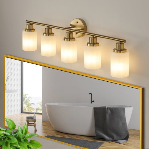 5 Lamps Gold Bathroom Vanity Lamp, Frosted Glass Shade, Modern Wall Mounted Lighting Inkedjoy