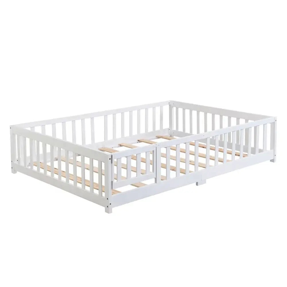 Twin Size Floor Bed With Door,Solid Wood Platform Bed Frame With Fence,Suitable For Children,Pine Wood, My Store