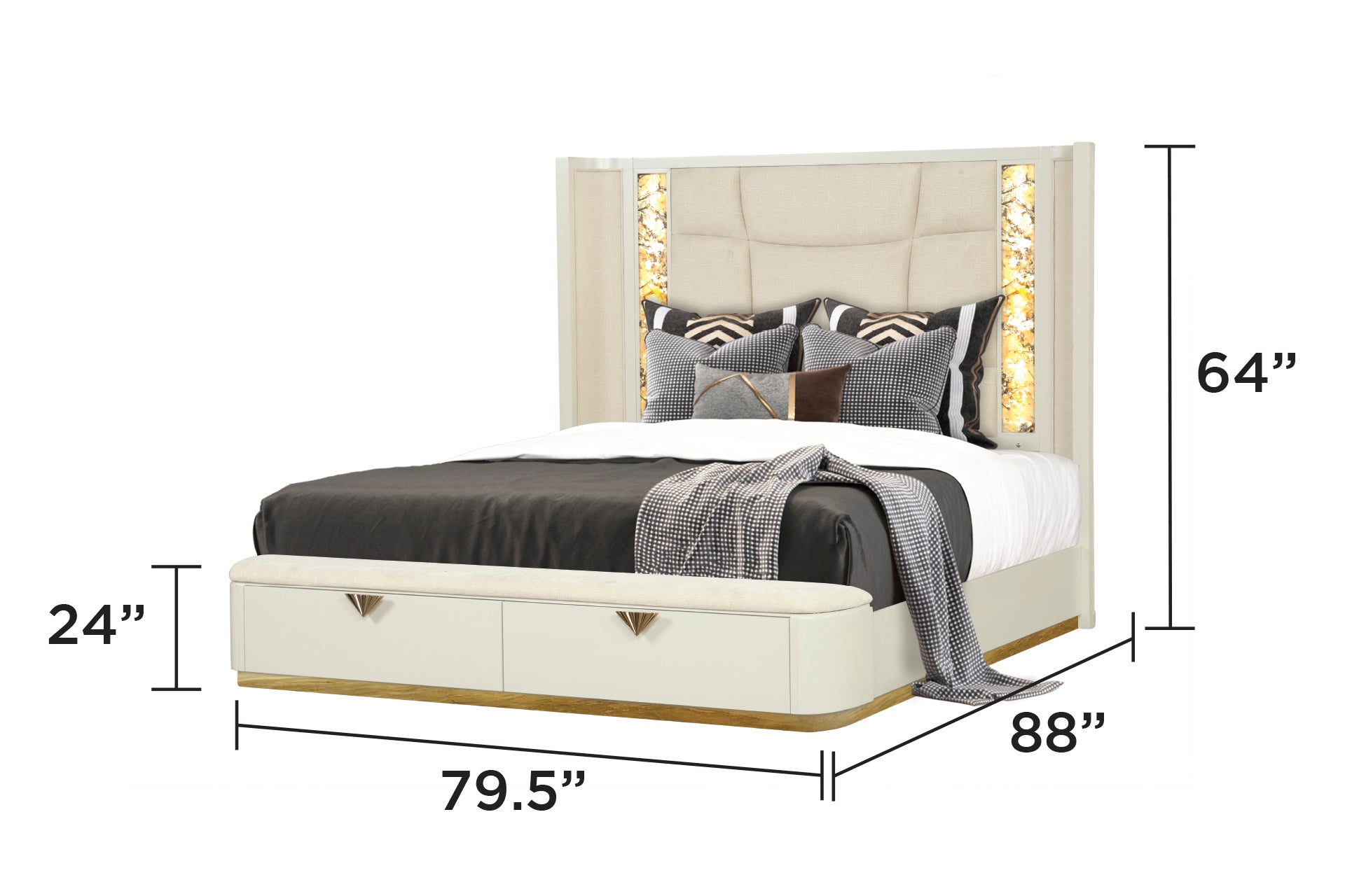 5-Pc King Upholstered Bedroom Set with Wood & Gold Accents in Beige - Ohberri