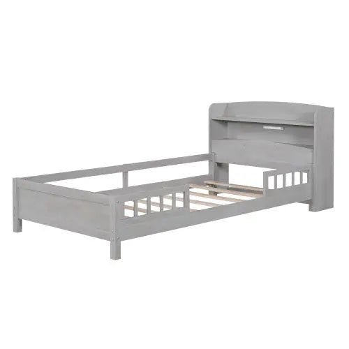 Wood Twin Size Platform Bed With Built-in LED Light, Storage Headboard And Guardrail, Antique Grey My Store