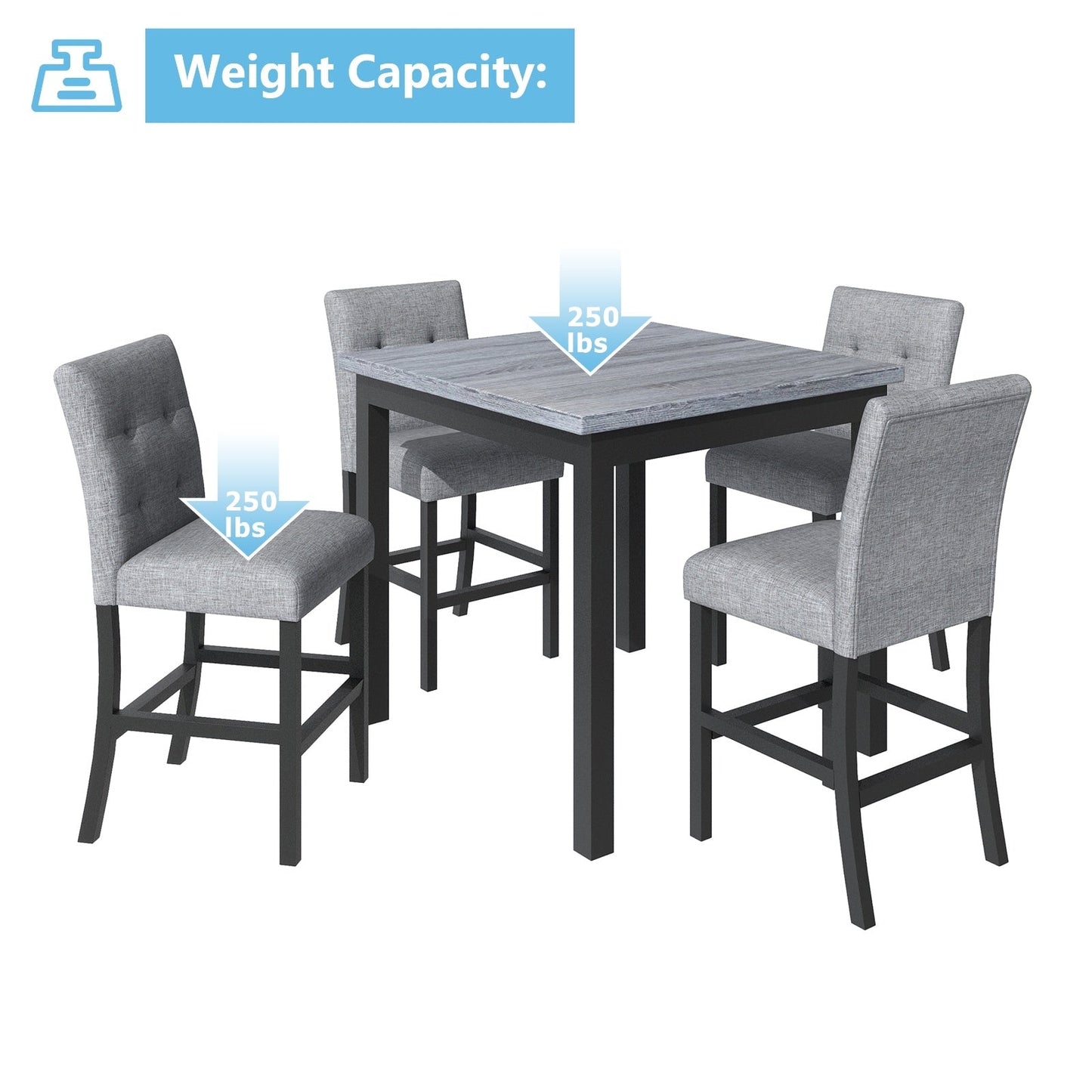 5-Piece Counter Height Dining Set, Wood Table  Chairs Stools W Footrest Inkedjoy
