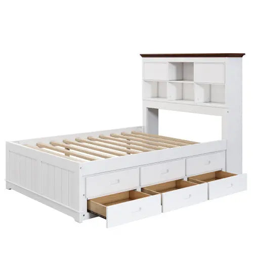 Solid Pine Captain Bookcase Bed With Trundle Bed And 3 Spacious Under Bed Drawers In Casual,Full, White Walnut My Store