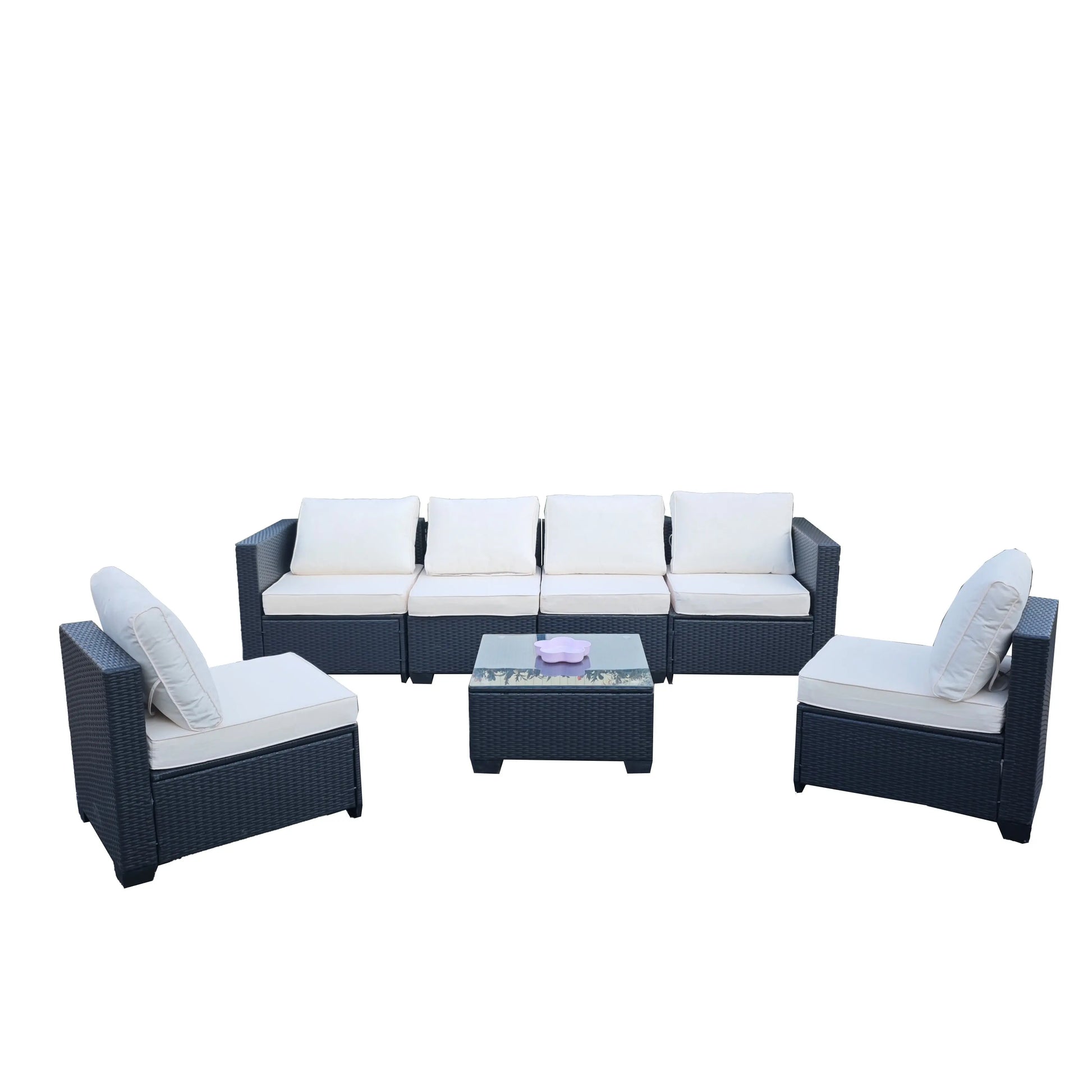 Seven-Piece Sofa Set Table With Sofa Chair Black PE Rattan With Color Cushion My Store