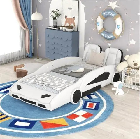 Double Race Platform Bed With Wheels, White My Store