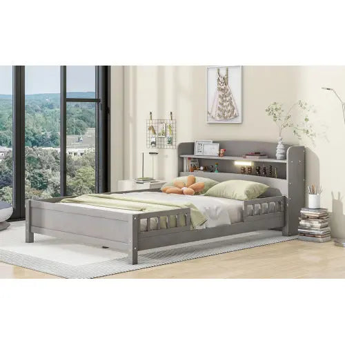 Wood Full Size Platform Bed With Built-in LED Light, Storage Headboard And Guardrail, Antique Grey My Store