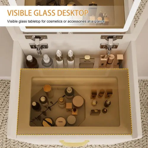3 In 1 Vanity Desk With Open Top Mirror With Visible Glass Desktop And 3 Drawers My Store