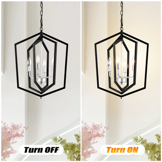4-Light Farmhouse Kitchen Chandeliers, Matte Black And Sliver Vintage Rustic Cage Light Fixture Inkedjoy
