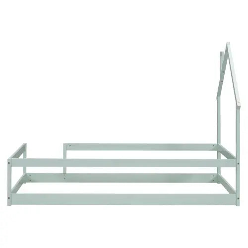 Twin Size Wood Bed With House-shaped Headboard Floor Bed With Fences,Light Green My Store
