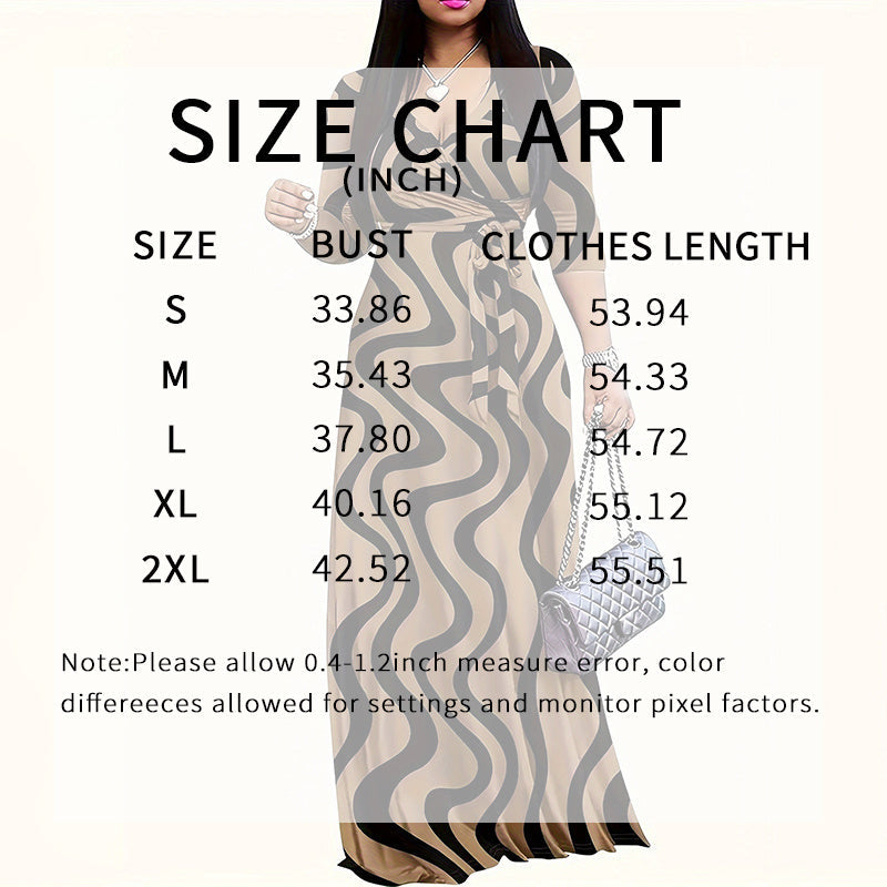 Women's Summer Geometric Print Maxi Dresses Casual 3 4 Sleeve V-Neck Tie Waist Long Dress Inkedjoy