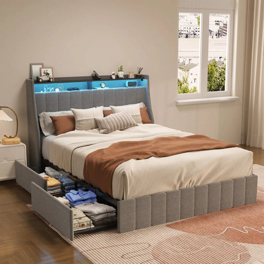 Queen Size Bed Frame With LED, Storage Drawers, Wings Headboard My Store