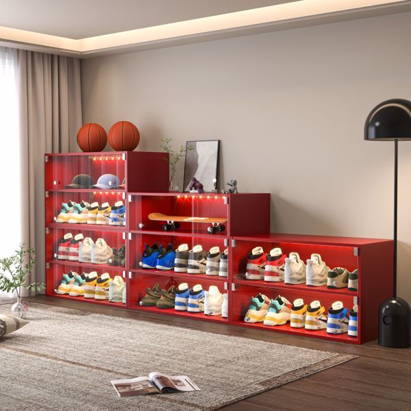 Red Glass Door Shoe Storage Cabinet LED Light - Single Inkedjoy