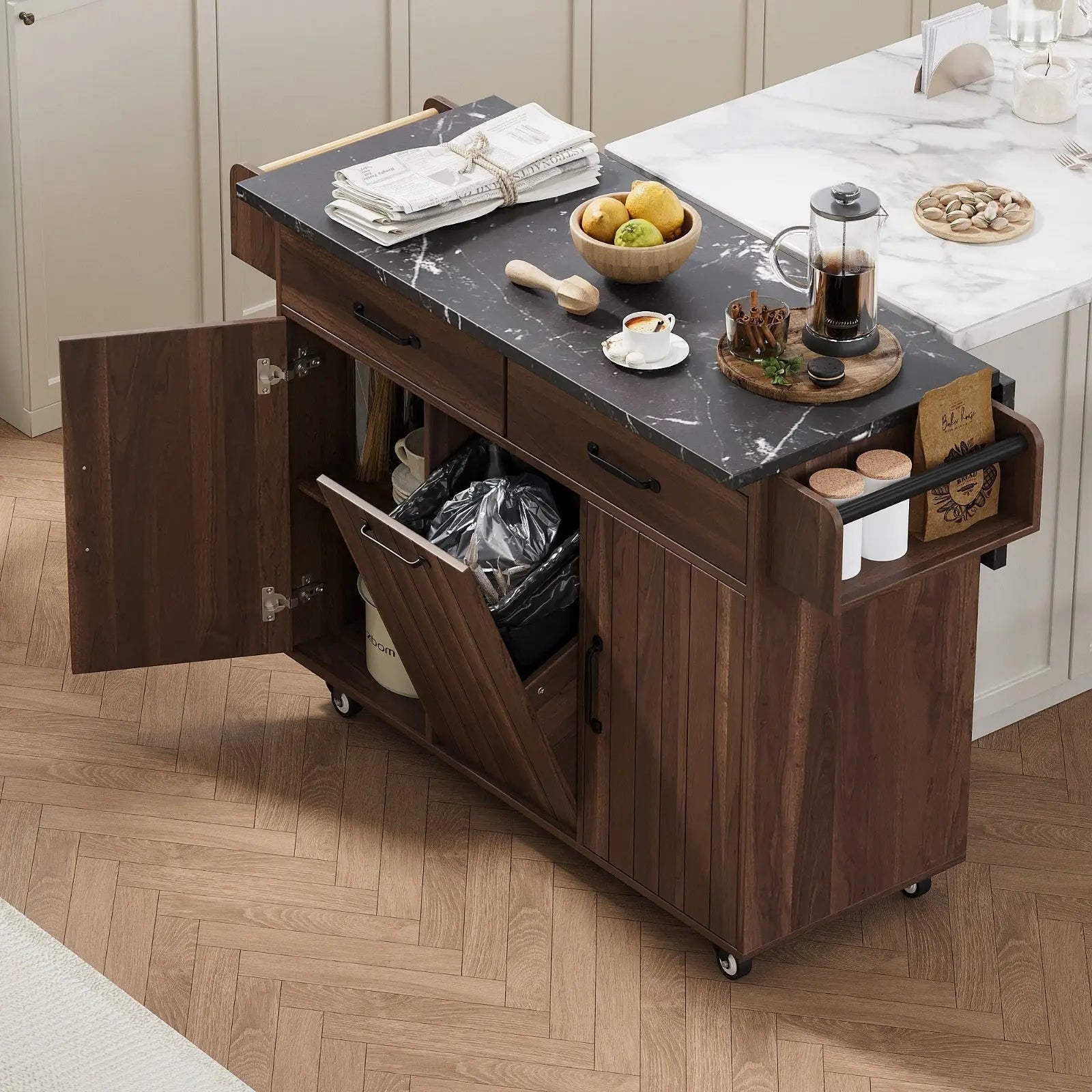 K&K Kitchen Island With Trash Can Storage Cabinet, Kitchen Cart With Drop Leaf, Spice Rack, Towel Ra My Store