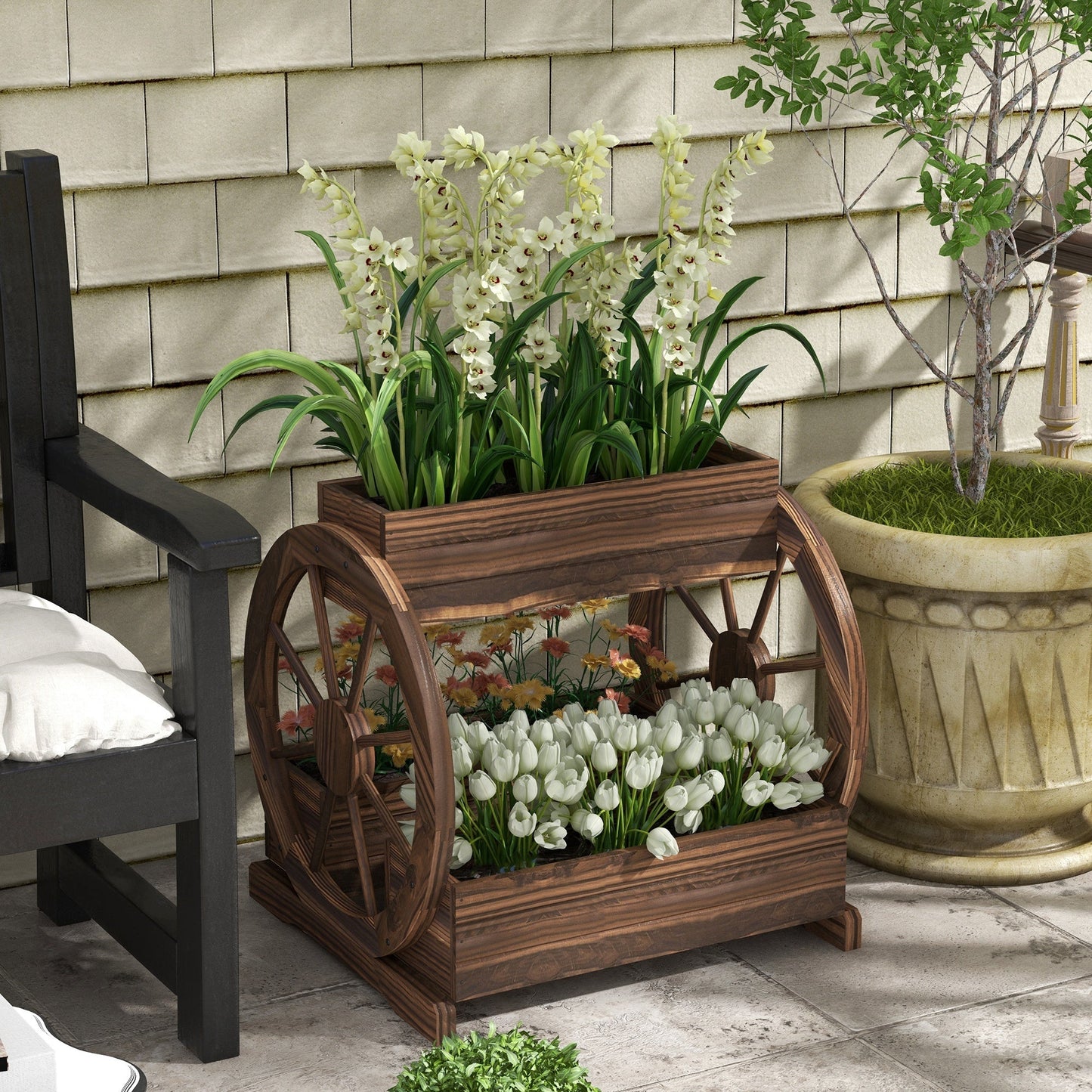 Wooden Wagon Planter Box, 3-Tier Raised Garden Bed, For Vegetables Flowers Herbs Ohberri