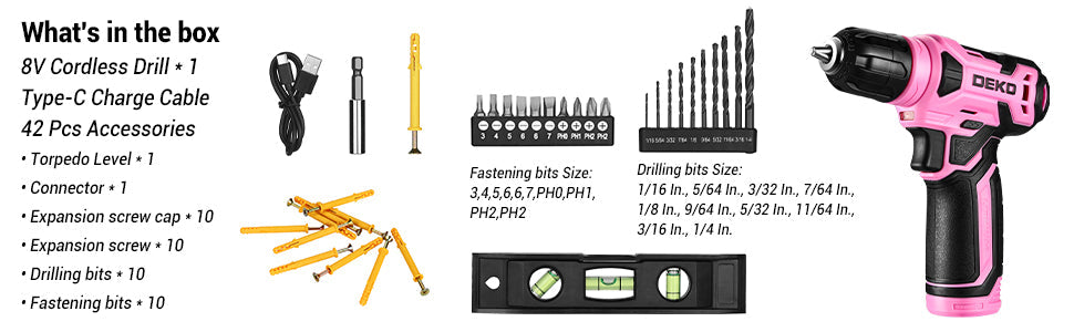 DEKO 8V Pink Cordless Drill, Drill Set with 3/8"Keyless Chuck, 42pcs Ohberri