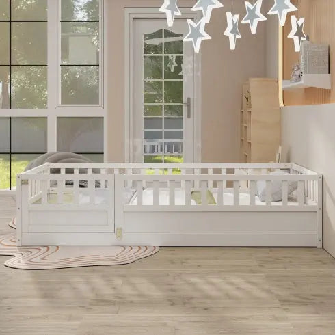 Twin Size Floor Bed, Integral Construction With Super High Security Barrier, Door, Children's Floor Bed Frame, Montessori Wooden Children's Floor Bed, Support Slat White My Store