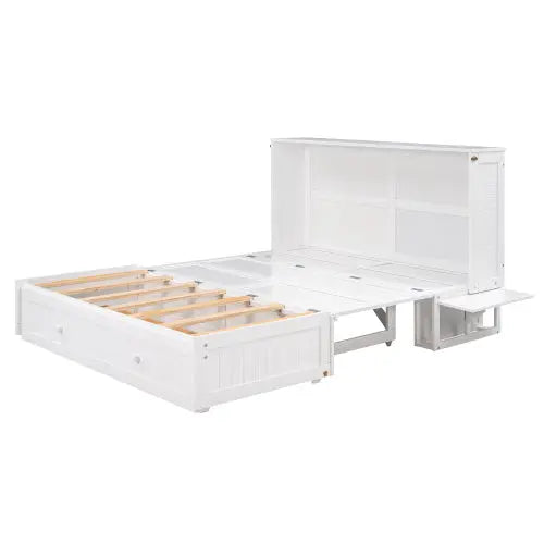 Queen Size Mobile Murphy Bed With Drawer And Little Shelves On Each Side,White My Store