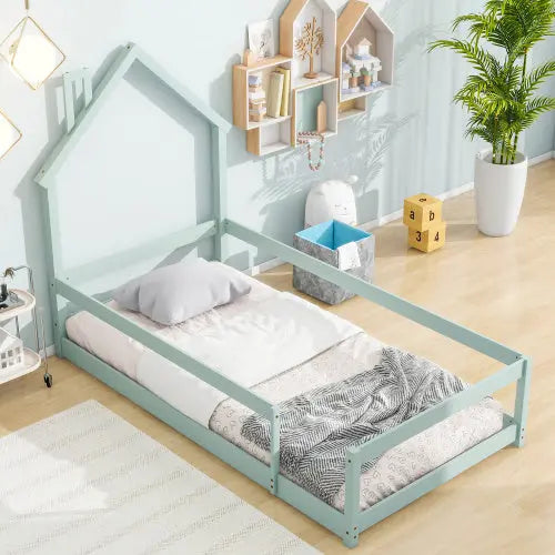 Twin Size Wood Bed With House-shaped Headboard Floor Bed With Fences,Light Green My Store