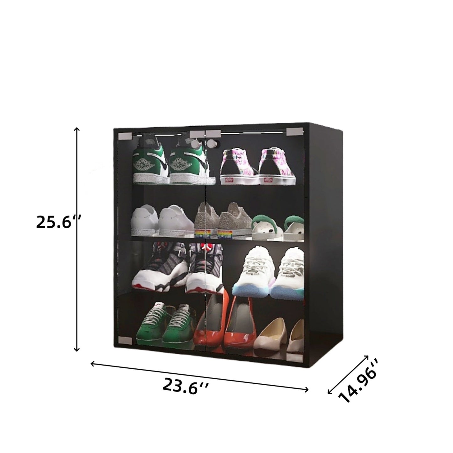 4-Layer Black Shoe Cabinet With Glass Door, LED Light Display Inkedjoy