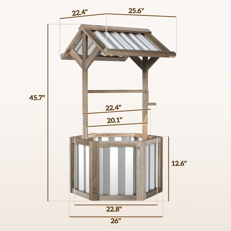 Wooden Wishing Well Planter, Raised Garden Bed With Galvanized Canopy, Hexagon- Light Gray Inkedjoy