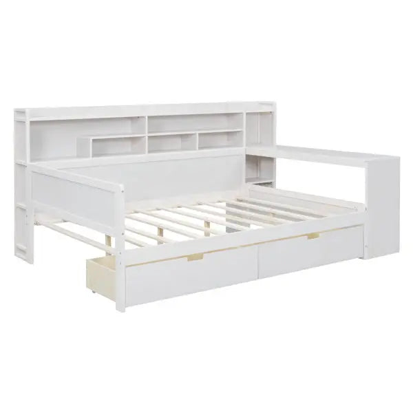 Wooden Full-size Sofa Bed With Storage Rack, Multifunctional Bed With Two Storage Drawers And Desk, Antique White My Store