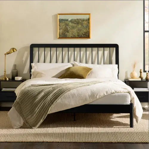 Mid-Century Modern Solid Wood Queen Spindle Bed Black My Store