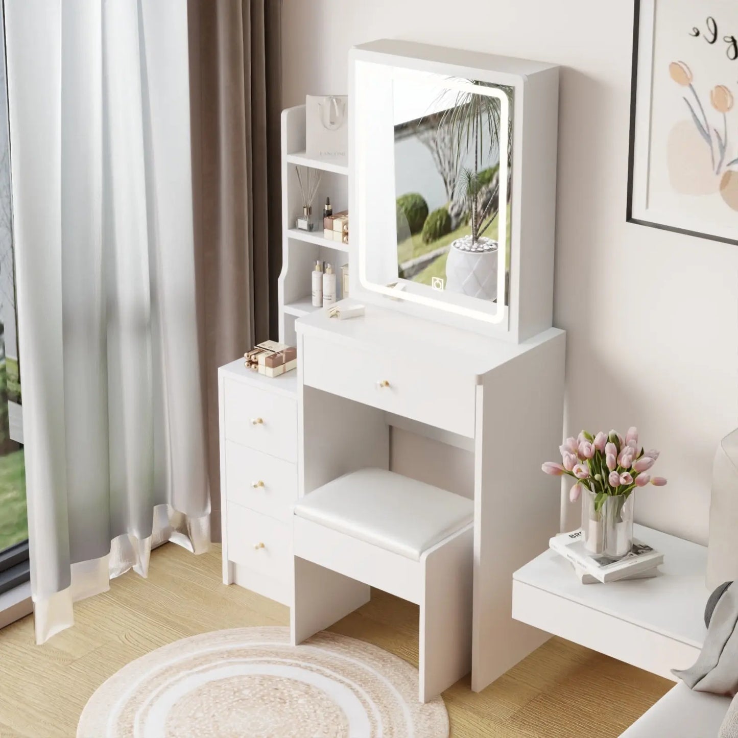 Small Size Left Bedside Cabinet Vanity Table   Cushioned Stool, Extra Large Touch Control Sliding LE My Store