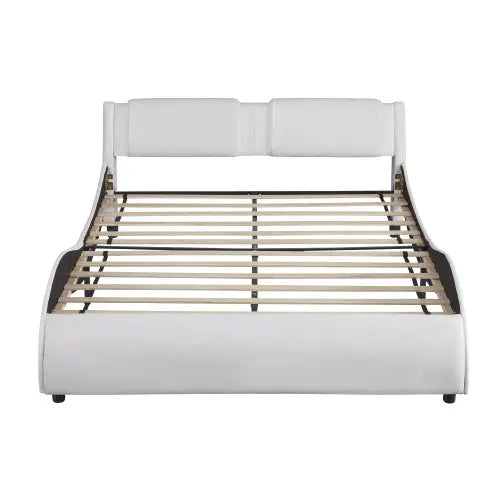 Queen Size Upholstered Faux Leather Platform Bed With LED Light Bed Frame With Slatted - White My Store