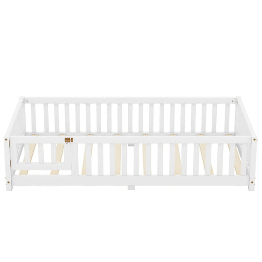 Twin Size Bed Floor Bed With Safety Guardrails And Door For Kids, White My Store