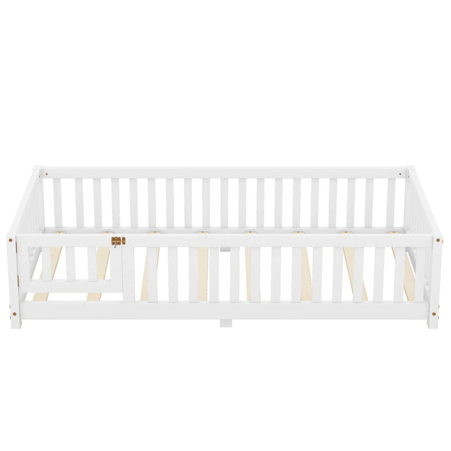 Twin Size Bed Floor Bed With Safety Guardrails And Door For Kids, White My Store