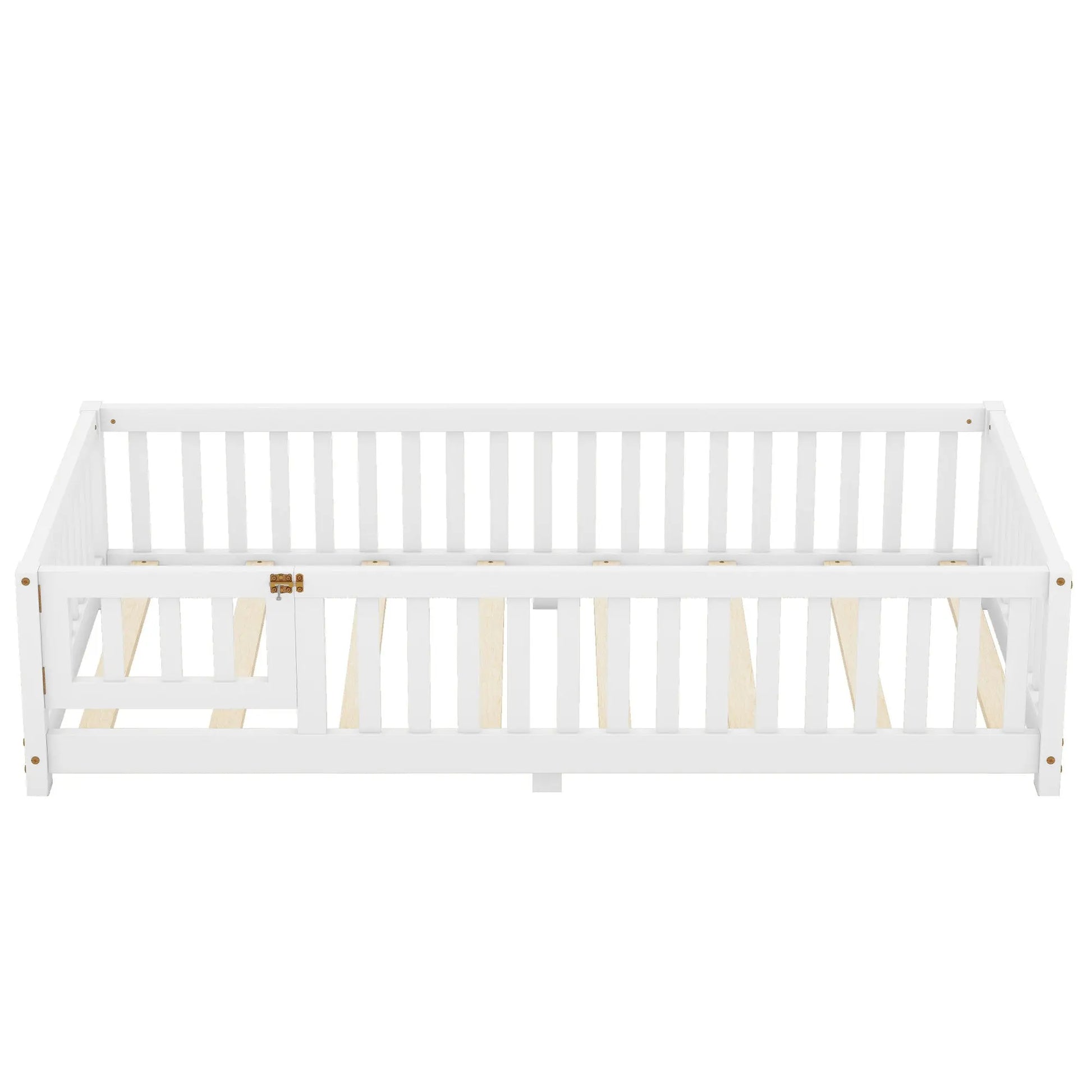 Twin Size Bed Floor Bed With Safety Guardrails And Door For Kids, White My Store