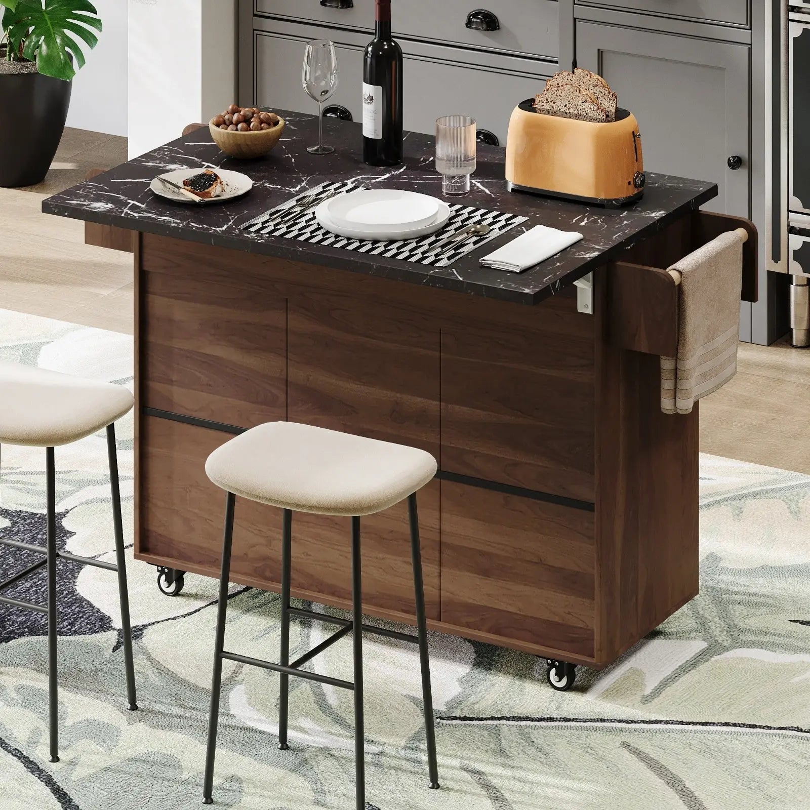 K&K Kitchen Island With Trash Can Storage Cabinet, Kitchen Cart With Drop Leaf, Spice Rack, Towel Ra My Store