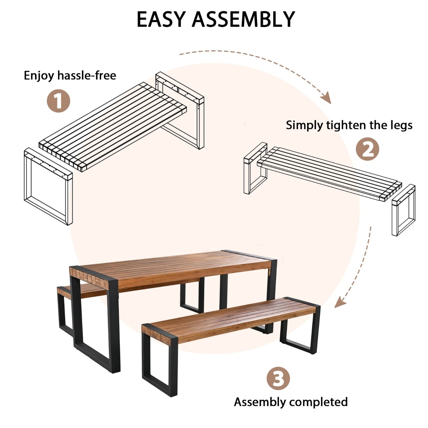 3-pieces Outdoor Dining Table With 2 Benches, Patio Dining Set With Unique Top Texture, Acacia Inkedjoy