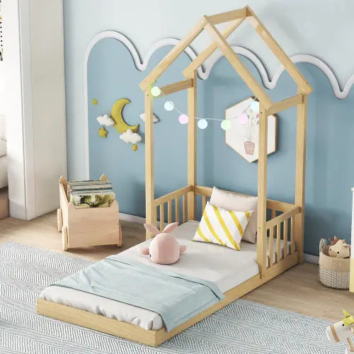 Twin House-shaped Roof Headboard Floor Bed,,without Slats,Natural My Store