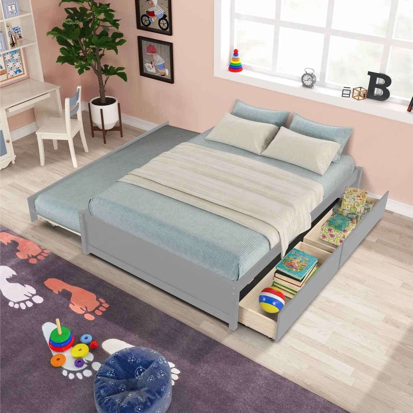 FULL BED WITH TWIN SIZE TRUNDLE AND TWO DRAWERS FOR GREY COLOR My Store