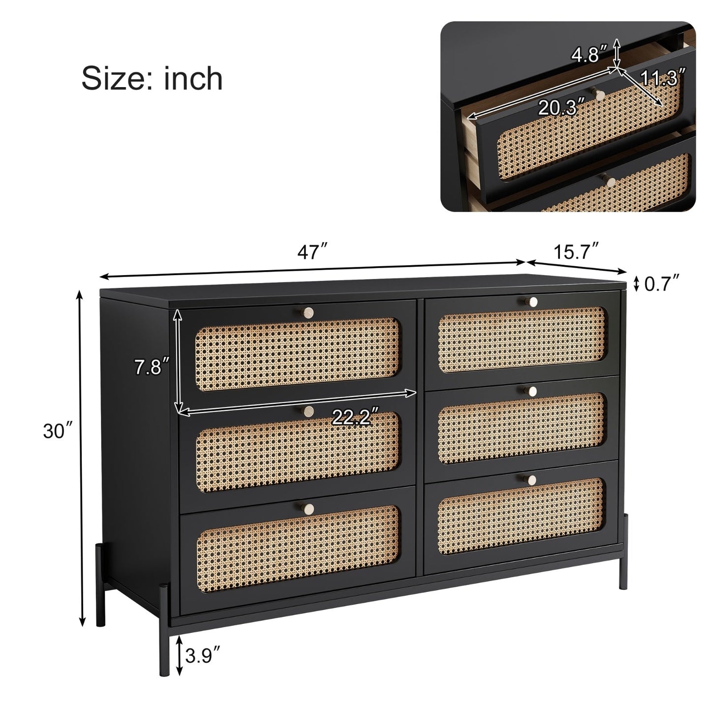 Modern Cannage Rattan Wood 6-Drawer Dresser My Store